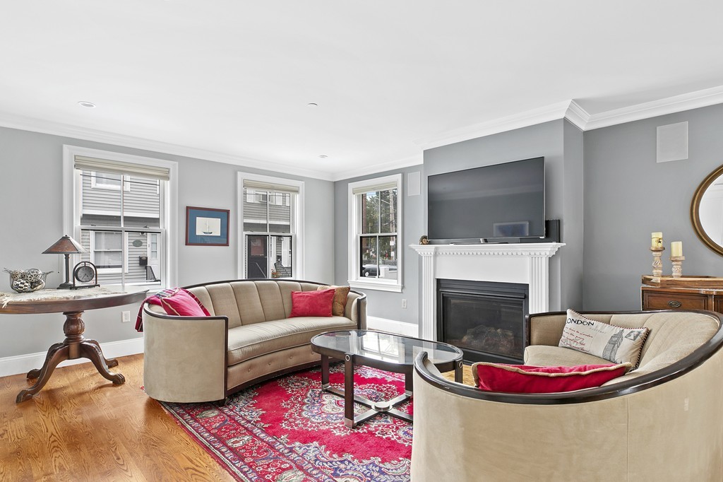 a living room with furniture or couch and a fireplace