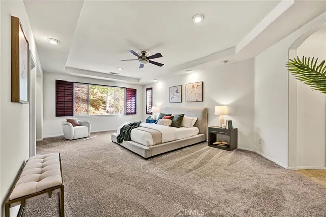 a spacious bedroom with a bed a couch and a potted plant