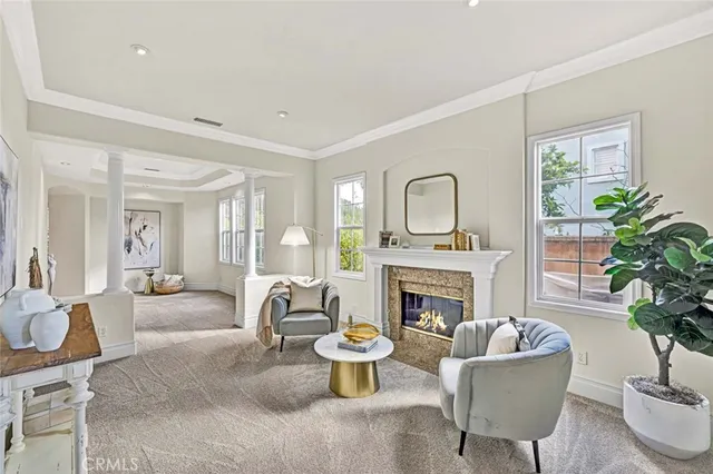 a living room with furniture a fireplace and potted plants