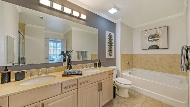 a bathroom with a toilet a sink a mirror a bathtub and vanity