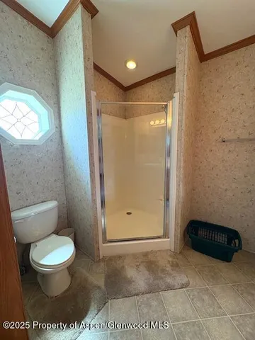 a bathroom with a toilet and a shower