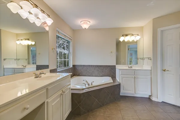a bathroom with a tub a double vanity sink and a mirror