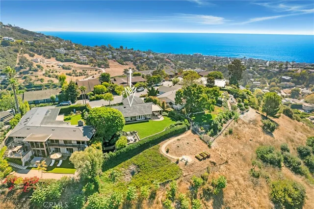 an aerial view of residential houses with outdoor space and trees
