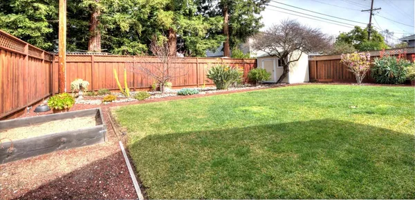 a view of a backyard with a small cabin
