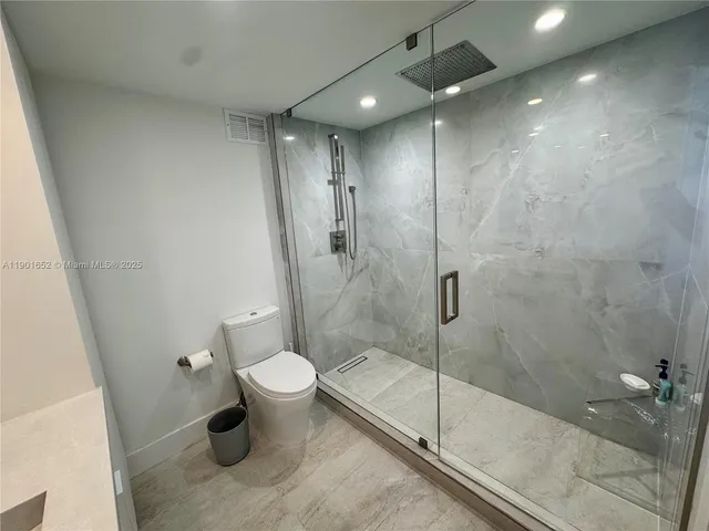 a bathroom with a shower and toilet