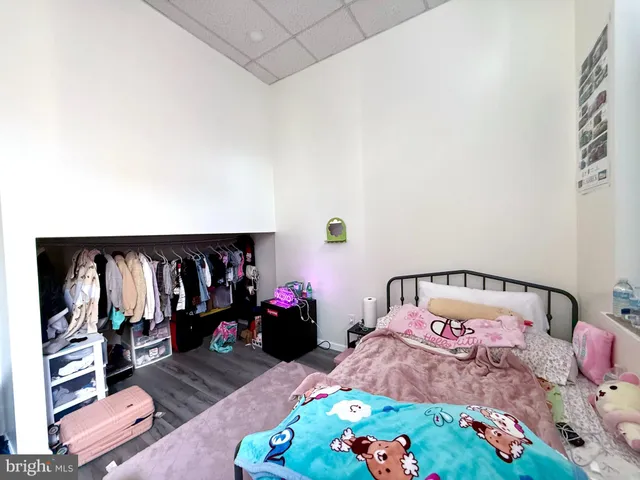 a bedroom with bed a flat tv screen and a closet