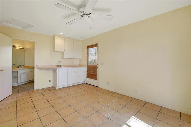 a view of a yard with plants and trees