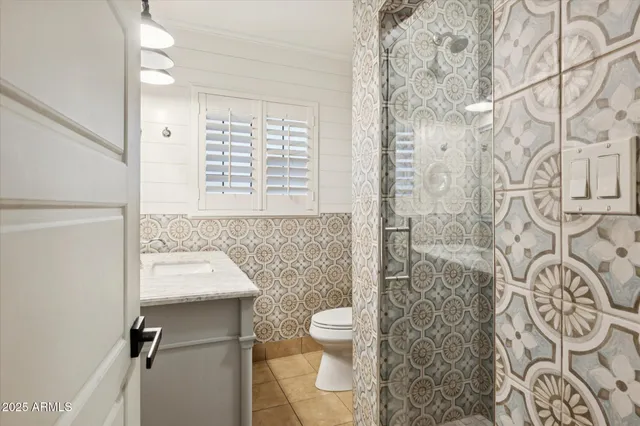 a bathroom with a shower and a toilet