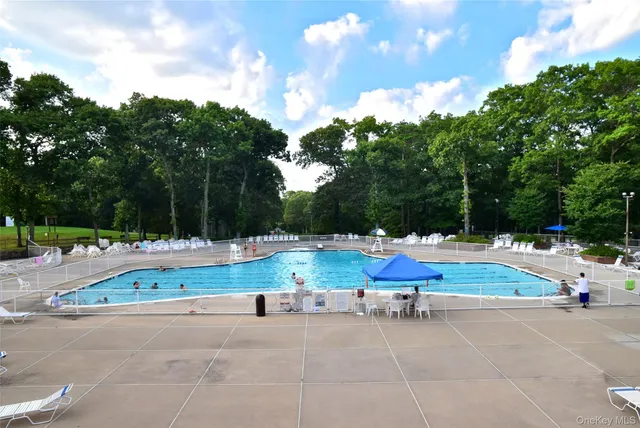 a view of backyard with swimming pool and seating space