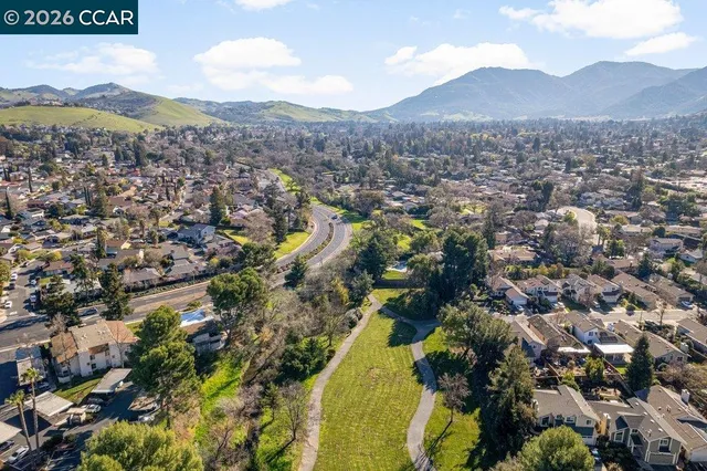 a view of a city with mountains in the background