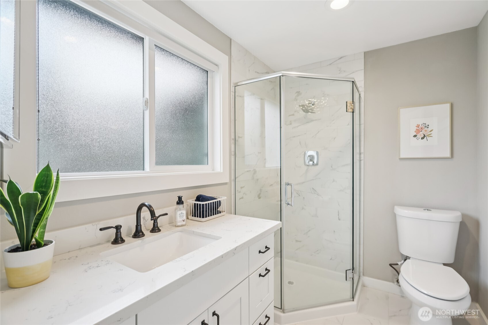 9512 235th Place Southwest Edmonds, WA 98020 - Photo 13 of 37 a bathroom with a granite countertop sink a toilet and shower