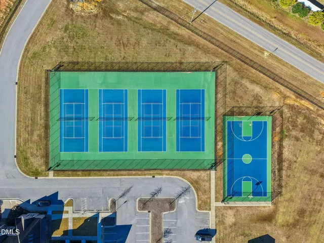 an aerial view of a swimming pool