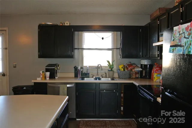 a kitchen with a sink a stove and cabinets