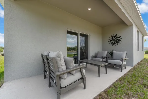 a building outdoor space with patio furniture