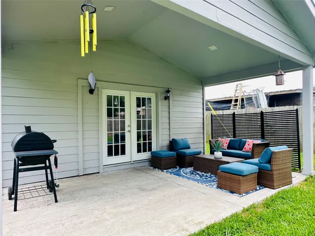 a building outdoor space with patio furniture