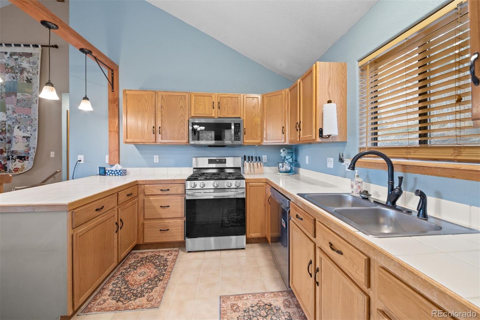 609 Gold Flake Terrace Bailey, CO 80421 - Photo 15 of 47 a kitchen with stainless steel appliances granite countertop a sink stove and cabinets