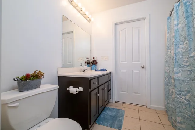 a bathroom with a sink vanity and toilet