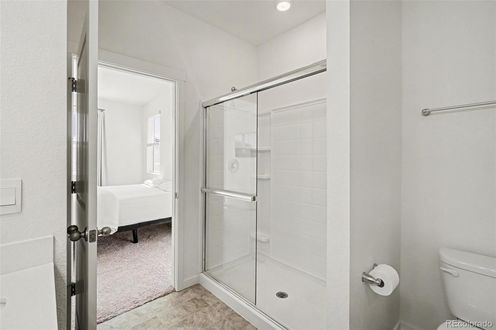 2226 Monte Vista Court Fort Lupton, CO 80621 - Photo 20 of 25 a bathroom with a glass shower door