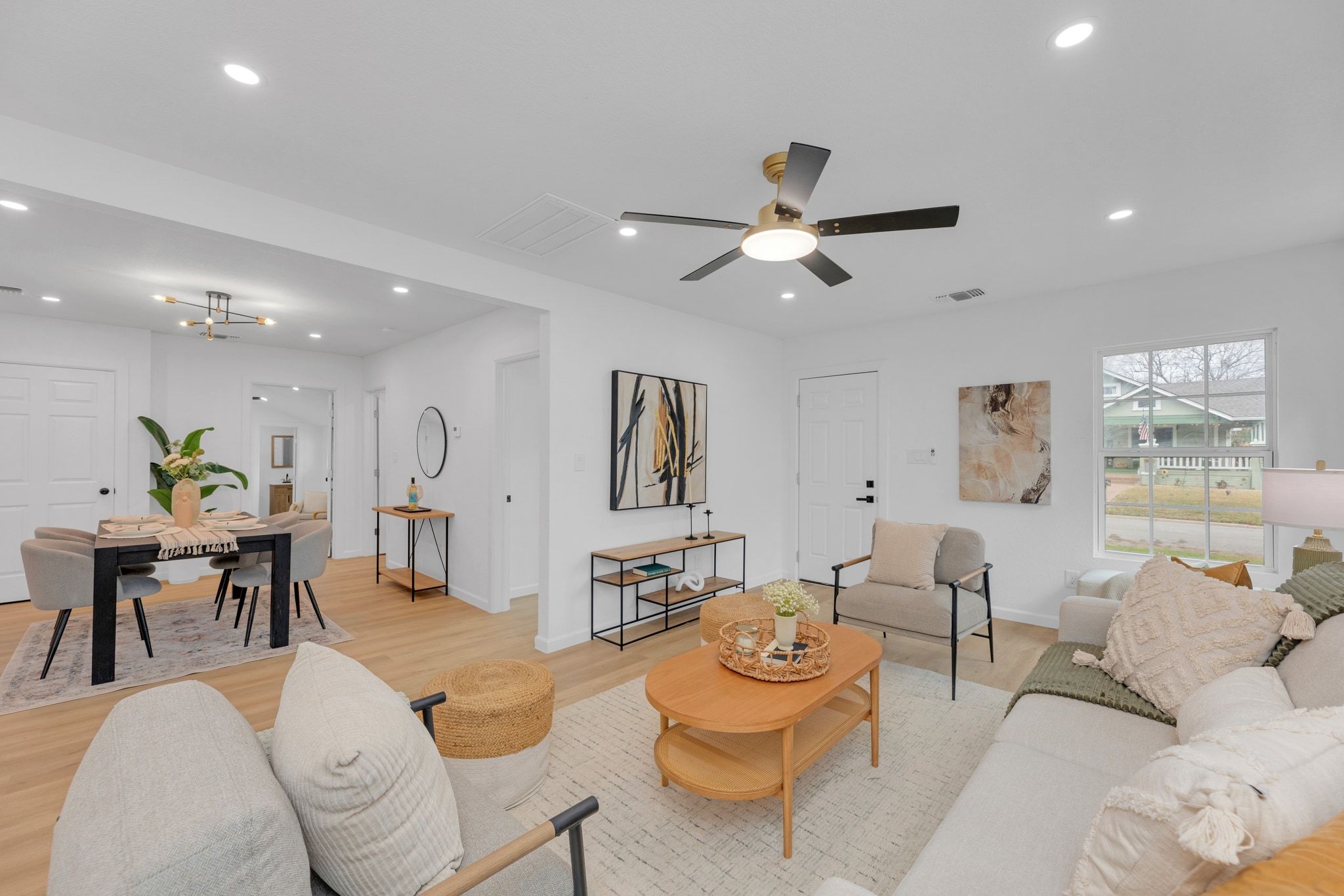 1709 Cecelia Street Taylor, TX 76574 - Photo 8 of 37 Living area featuring light wood finished floors, a ceiling fan, and recessed lighting