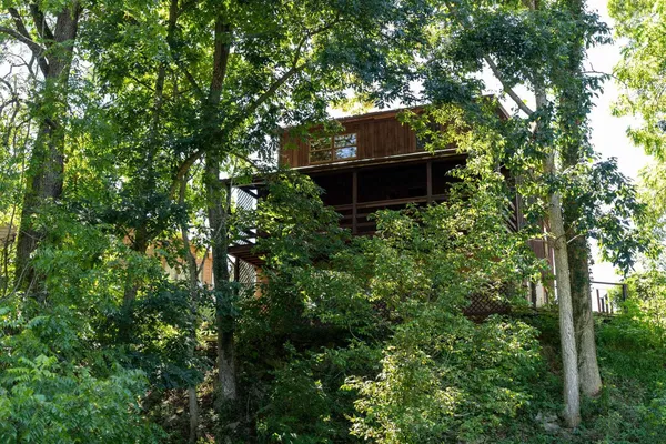 a backyard of a house with outdoor seating and trees
