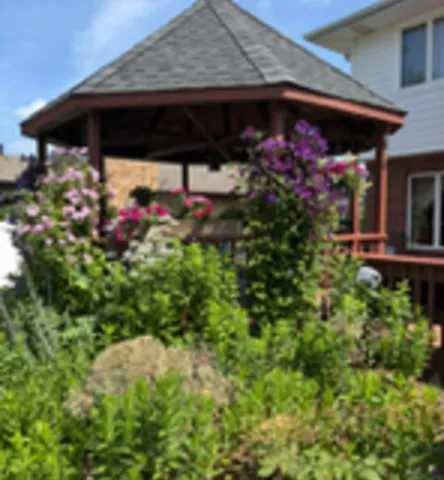a black and white umbrella in a garden