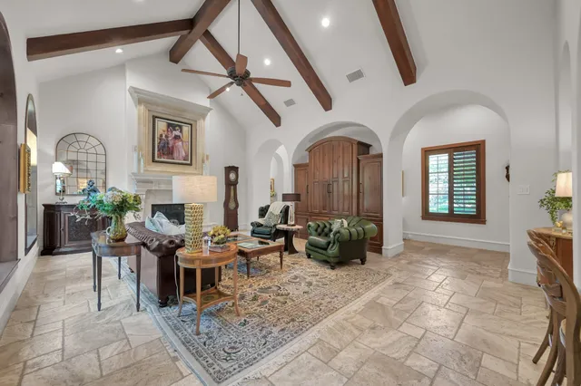 a living room with fireplace furniture and a potted plant