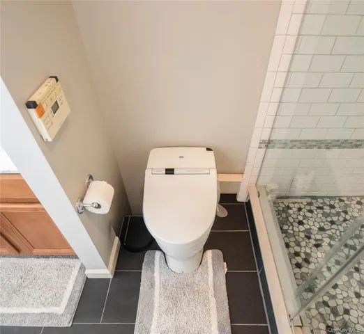 a bathroom with a toilet and a shower