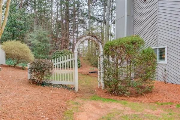 a view of a yard with plants and trees