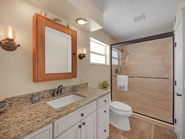 a bathroom with a granite countertop sink toilet and shower