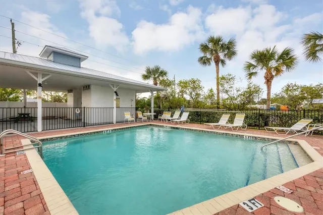 a view of a swimming pool with a lawn chairs under palm trees