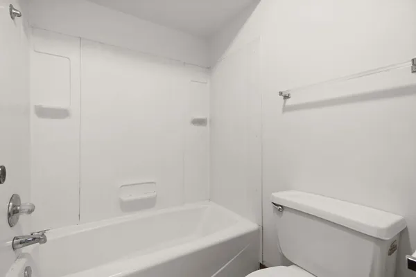 a bathroom with a bathtub and a toilet