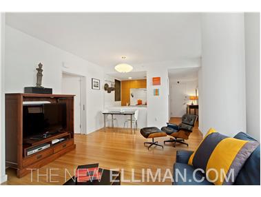 2 River Terrace, Unit 6B Manhattan, NY 10282 - Photo 1 of 1 a living room with furniture a flat screen tv and a fireplace