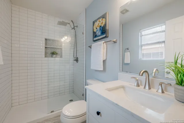 a bathroom with a sink a toilet and shower