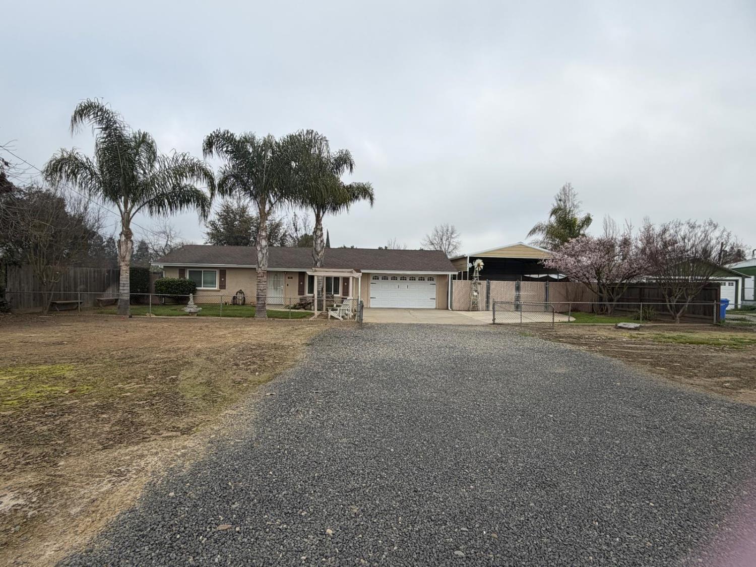 a view of a house with a yard and palm tree