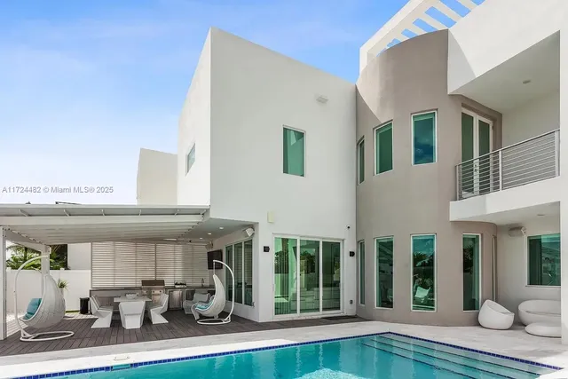 a view of swimming pool with seating space