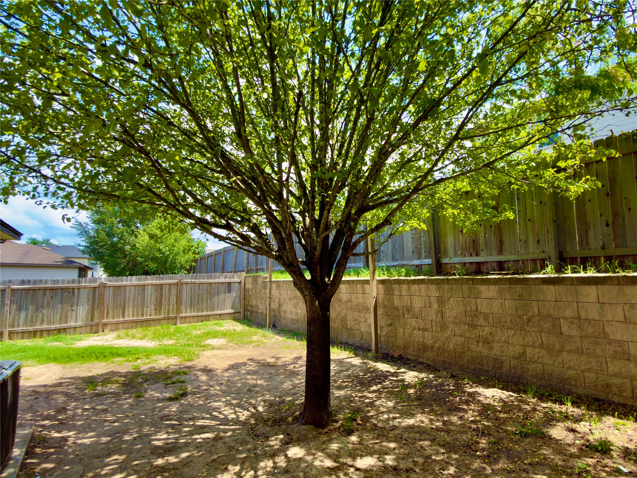 255 Myrtle Street Kyle, TX 78640 - Photo 31 of 31 Expansive backyard featuring a mature shade tree, a wood privacy fence, and a stone retaining wall