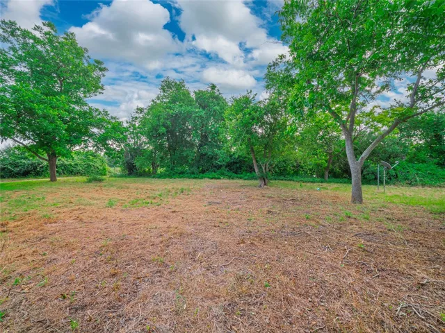a view of a field with trees in the background