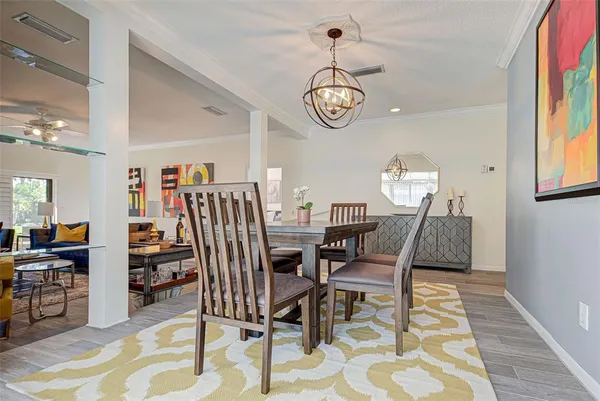 a view of a dining room with furniture