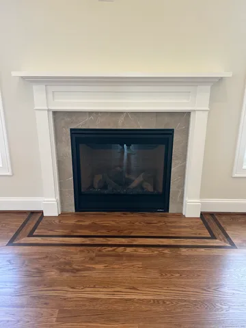 a living room with a fireplace