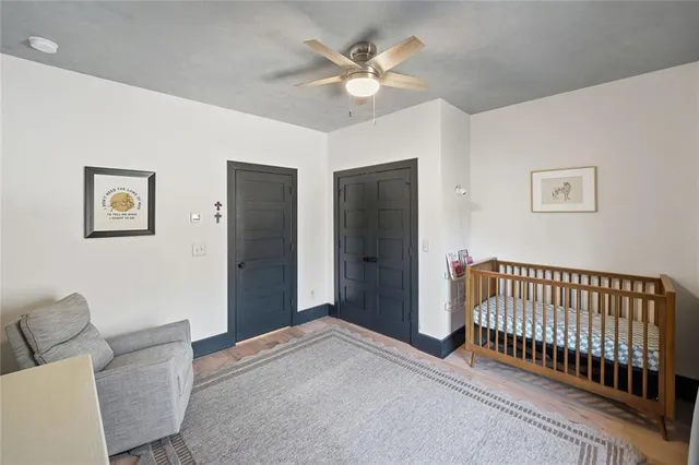 workspace with wooden floor and windows