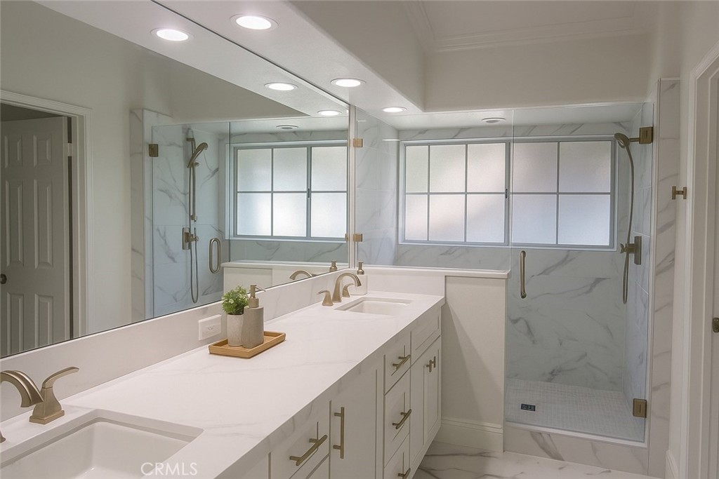 8000 East Snapdragon Lane Anaheim Hills, CA 92808 - Photo 22 of 27 a bathroom with a granite countertop sink mirror and double
