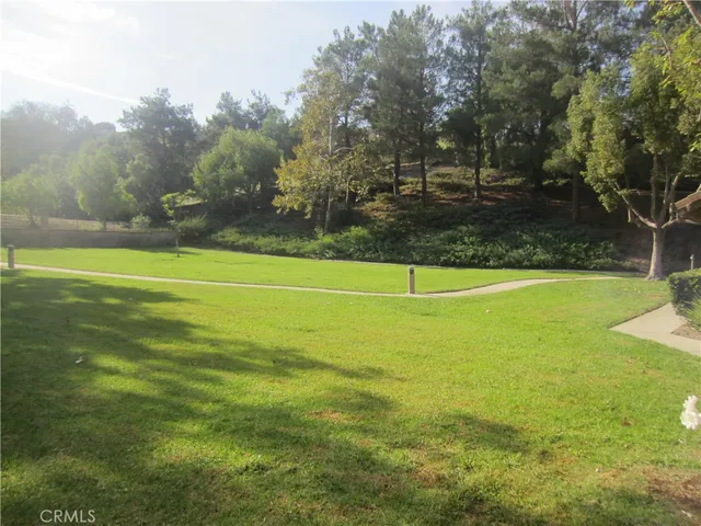 a view of a field with trees in the background