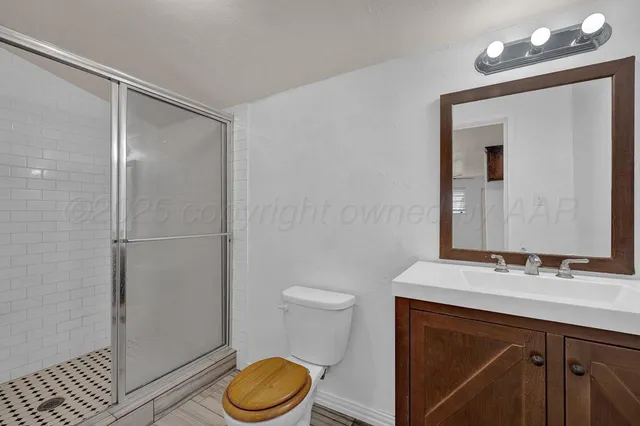 a bathroom with a sink a toilet a mirror and shower