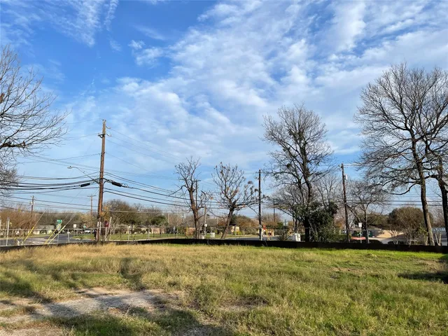 a view of a yard with large trees