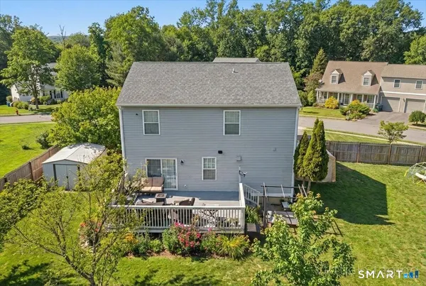 a aerial view of a house with a garden