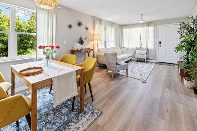 a view of a dining room with furniture window and outside view