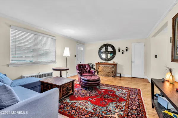 a living room with furniture a rug and a window