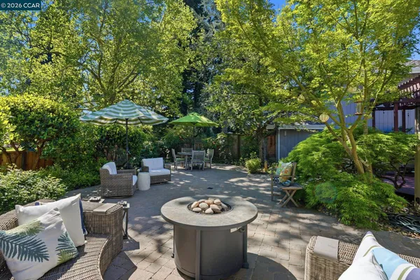 a backyard of a house with fire pit and outdoor seating