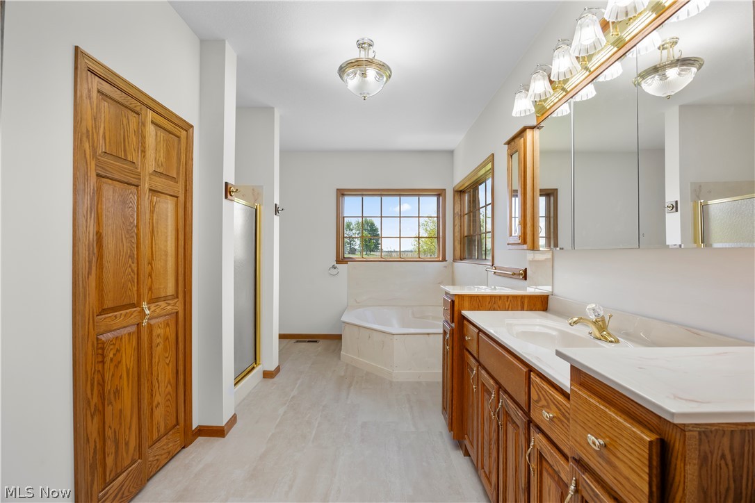51488 Peck Wadsworth Road Wellington, OH 44090 - Photo 33 of 50 Spacious bathroom featuring a double vanity with white countertops, a built-in corner tub, a glass-enclosed shower, a large window, and light-toned flooring