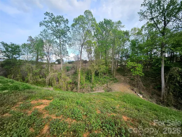 a view of a lush green forest with a house in the background